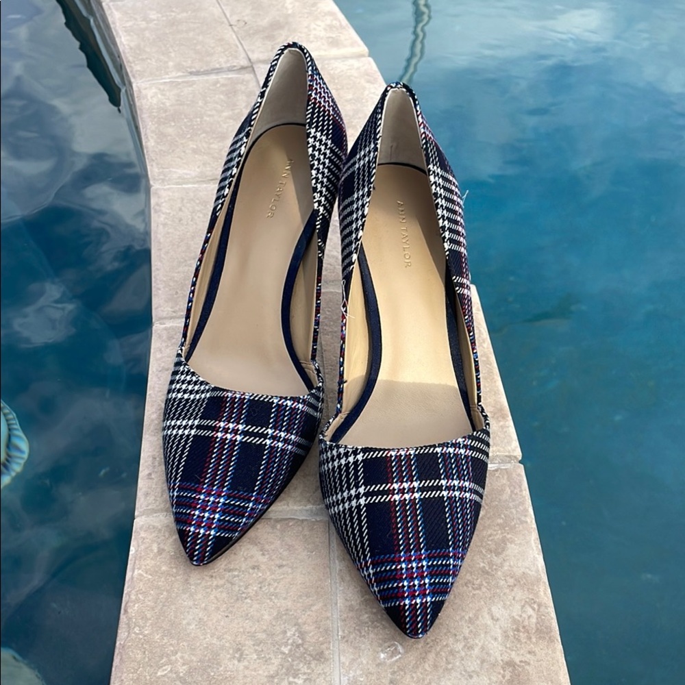 Ann Taylor Plaid Heels in Black, White, and Blue
